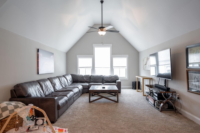 8520 Kensley Ln, Hixson, TN 37343 - living area featuring a ceiling fan, lofted ceiling, and carpet