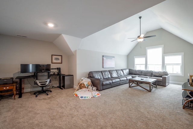 8520 Kensley Ln, Hixson, TN 37343 - carpeted living room featuring lofted ceiling, an office area, and ceiling fan