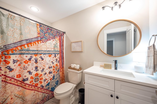 8520 Kensley Ln, Hixson, TN 37343 - full bathroom featuring vanity, tile patterned flooring, a shower with curtain, and recessed lighting