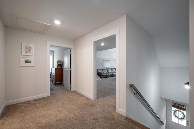 8520 Kensley Ln, Hixson, TN 37343 - hall with an upstairs landing, carpet, attic access, and recessed lighting
