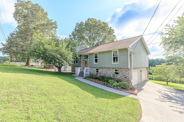 6134 Blue Ash Dr, Ooltewah, TN 37363 - bi-level home with an attached garage, driveway, a front yard, a chimney, and brick siding