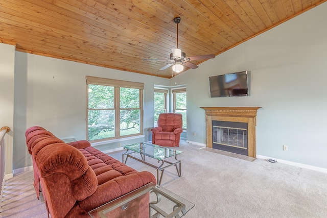 6134 Blue Ash Dr, Ooltewah, TN 37363 - living area with lofted ceiling, wood ceiling, carpet floors, a fireplace with flush hearth, and ceiling fan