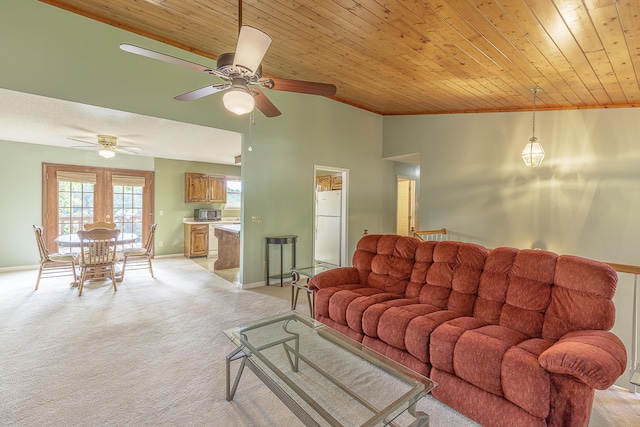 6134 Blue Ash Dr, Ooltewah, TN 37363 - living room with light colored carpet, wood ceiling, and ceiling fan