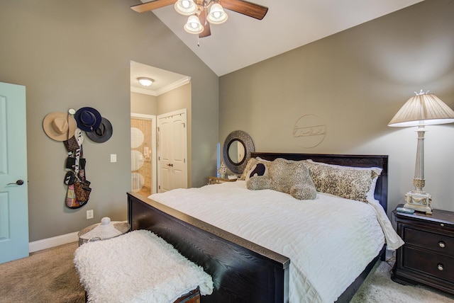 5215 Austin Rd, Hixson, TN 37343 - carpeted bedroom with ensuite bath, high vaulted ceiling, ornamental molding, a ceiling fan, and a closet