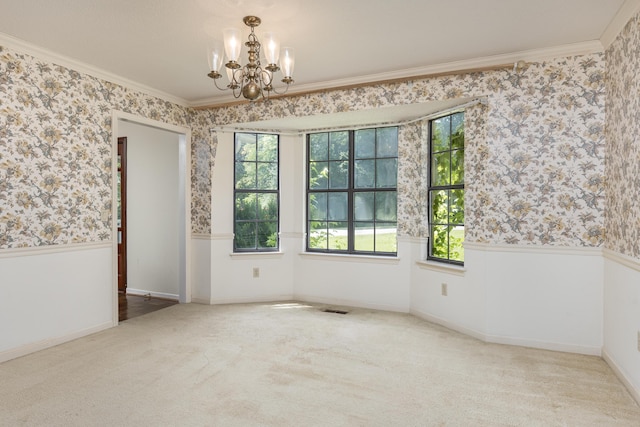 6515 Lake Shadows Cir, Hixson, TN 37343 - unfurnished room with wallpapered walls, wainscoting, a chandelier, plenty of natural light, and ornamental molding