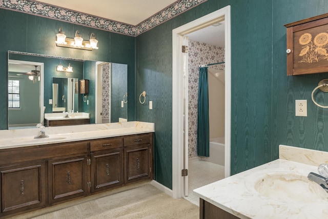 6515 Lake Shadows Cir, Hixson, TN 37343 - bathroom with vanity, shower / bath combo, a ceiling fan, and wallpapered walls