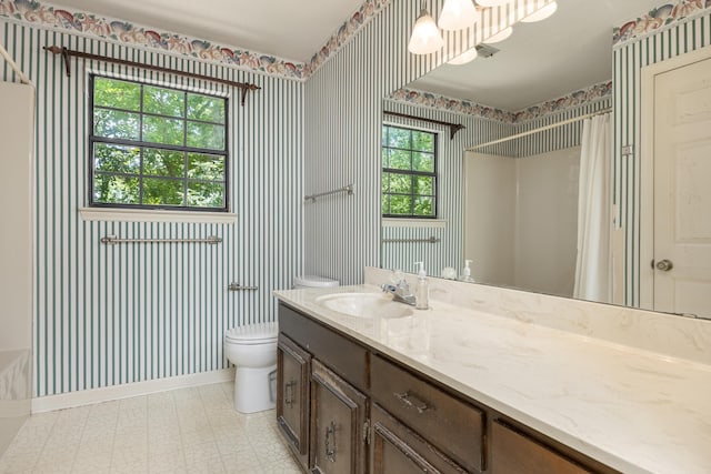 6515 Lake Shadows Cir, Hixson, TN 37343 - bathroom featuring wallpapered walls, tile patterned floors, vanity, and a shower with curtain