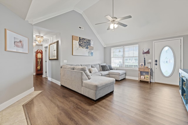 90 Quail Run, Lafayette, GA 30728 - living room featuring ceiling fan, lofted ceiling, a chandelier, dark wood-style flooring, and ornamental molding