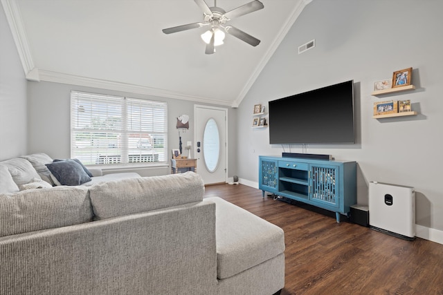 90 Quail Run, Lafayette, GA 30728 - living area with crown molding, a ceiling fan, wood finished floors, and high vaulted ceiling