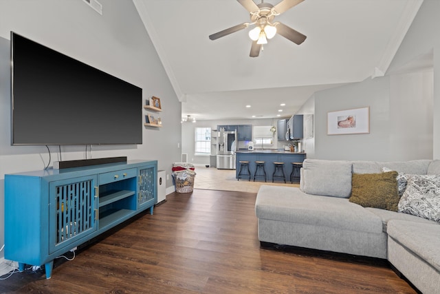 90 Quail Run, Lafayette, GA 30728 - living area with vaulted ceiling, ceiling fan, crown molding, and wood finished floors