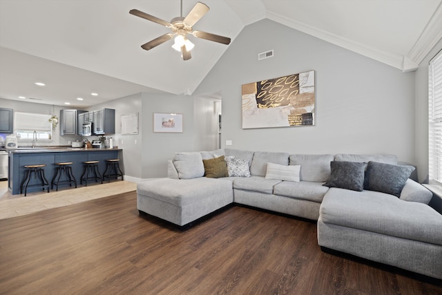 90 Quail Run, Lafayette, GA 30728 - living room featuring ceiling fan, dark wood finished floors, lofted ceiling, and recessed lighting