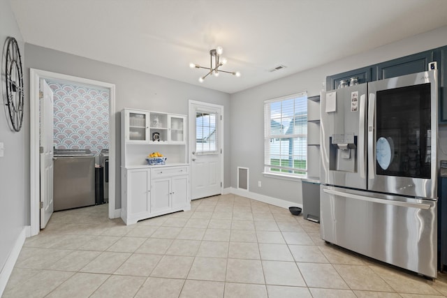 90 Quail Run, Lafayette, GA 30728 - kitchen with stainless steel refrigerator with ice dispenser, a chandelier, light tile patterned floors, white cabinets, and open shelves