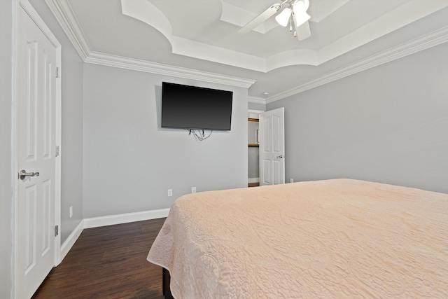90 Quail Run, Lafayette, GA 30728 - bedroom featuring a raised ceiling, dark wood-style flooring, ornamental molding, and a ceiling fan