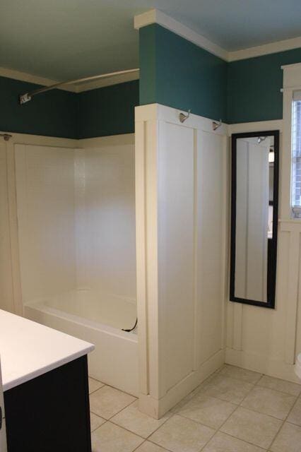 6248 Old Dunlap Rd, Whitwell, TN 37397 - bathroom with tile patterned floors, vanity, crown molding, and shower / washtub combination