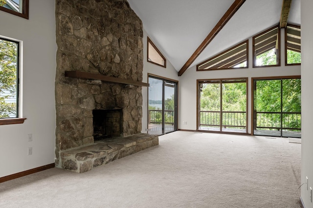 4128 Hamill Rd, Hixson, TN 37343 - unfurnished living room featuring carpet floors, high vaulted ceiling, beam ceiling, and a fireplace
