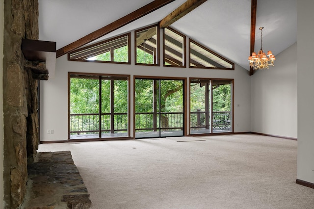 4128 Hamill Rd, Hixson, TN 37343 - unfurnished living room featuring carpet floors, a chandelier, beamed ceiling, and high vaulted ceiling