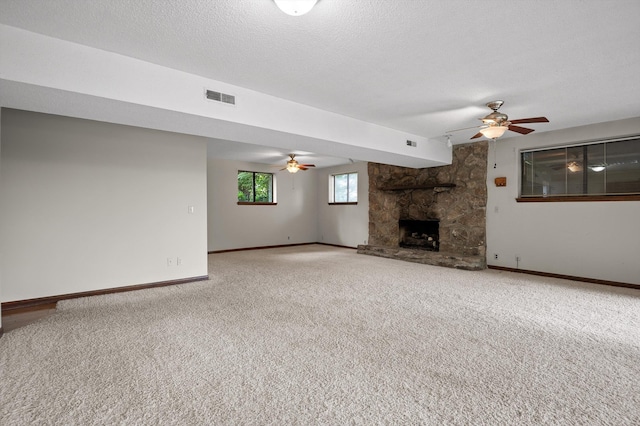 4128 Hamill Rd, Hixson, TN 37343 - unfurnished living room with a ceiling fan, carpet floors, and a fireplace