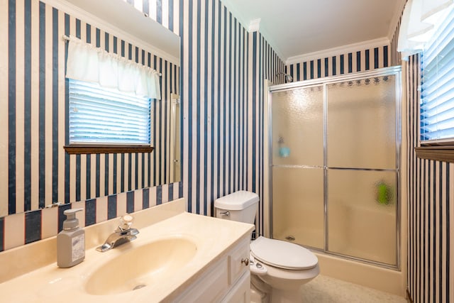 1107 Copperwood Dr, Hixson, TN 37343 - full bath featuring wallpapered walls, a stall shower, vanity, and ornamental molding