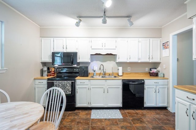 1107 Copperwood Dr, Hixson, TN 37343 - kitchen with black appliances, white cabinetry, light countertops, ornamental molding, and a textured ceiling