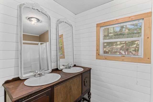 1483 Resaca Lafayette Rd NW, Resaca, GA 30735 - full bath with a textured ceiling, double vanity, an enclosed shower, and wooden walls