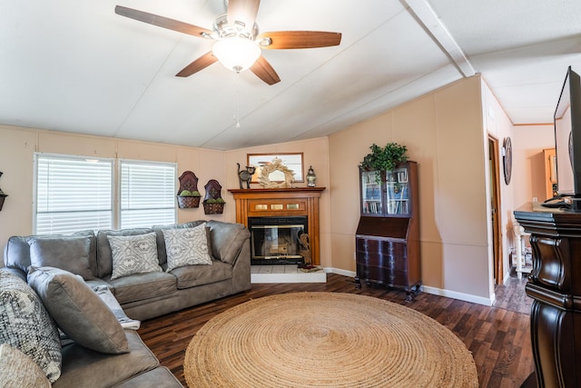 63 Applewood Ln, Chatsworth, GA 30705 - living area with lofted ceiling, dark wood-type flooring, ceiling fan, and a glass covered fireplace