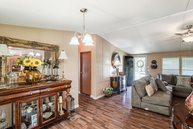 63 Applewood Ln, Chatsworth, GA 30705 - living area featuring wood finished floors, ceiling fan, a chandelier, and lofted ceiling