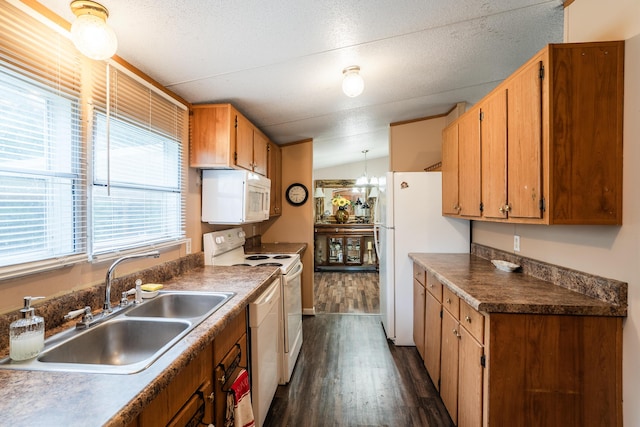63 Applewood Ln, Chatsworth, GA 30705 - kitchen featuring white appliances, dark wood-style flooring, lofted ceiling, brown cabinets, and dark countertops