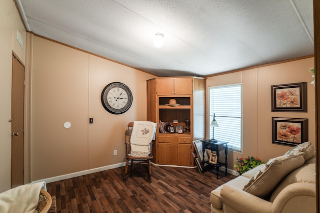 63 Applewood Ln, Chatsworth, GA 30705 - sitting room featuring dark wood-type flooring, lofted ceiling, a textured ceiling, and crown molding