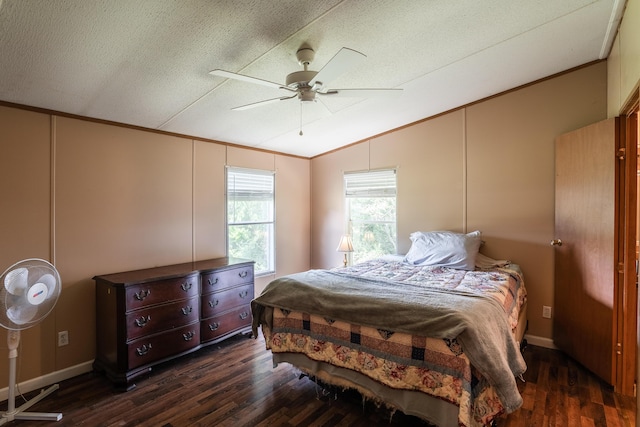 63 Applewood Ln, Chatsworth, GA 30705 - bedroom featuring vaulted ceiling, crown molding, dark wood finished floors, a textured ceiling, and ceiling fan
