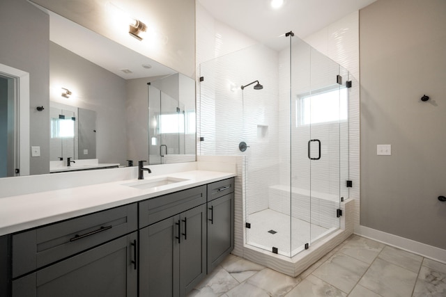 745 Burnside Pl, Chattanooga, TN 37408 - bathroom with vanity, a shower stall, and marble look tile flooring