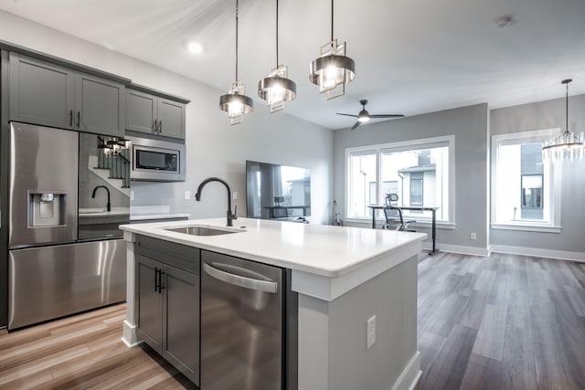 745 Burnside Pl, Chattanooga, TN 37408 - kitchen featuring appliances with stainless steel finishes, light countertops, a ceiling fan, gray cabinetry, and light wood-style floors