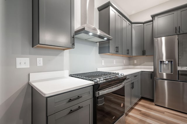 745 Burnside Pl, Chattanooga, TN 37408 - kitchen with appliances with stainless steel finishes, wall chimney range hood, gray cabinets, light wood-style floors, and light countertops