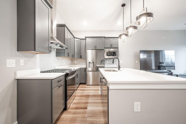 745 Burnside Pl, Chattanooga, TN 37408 - kitchen featuring stainless steel appliances, gray cabinets, light wood finished floors, a kitchen island with sink, and light countertops
