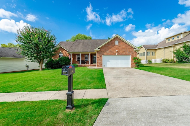 212 Cox Ln, Soddy Daisy, TN 37379 - ranch-style home with brick siding, a front yard, concrete driveway, and a garage
