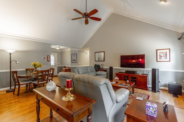 212 Cox Ln, Soddy Daisy, TN 37379 - living room with a ceiling fan, ornamental molding, light wood-type flooring, and high vaulted ceiling