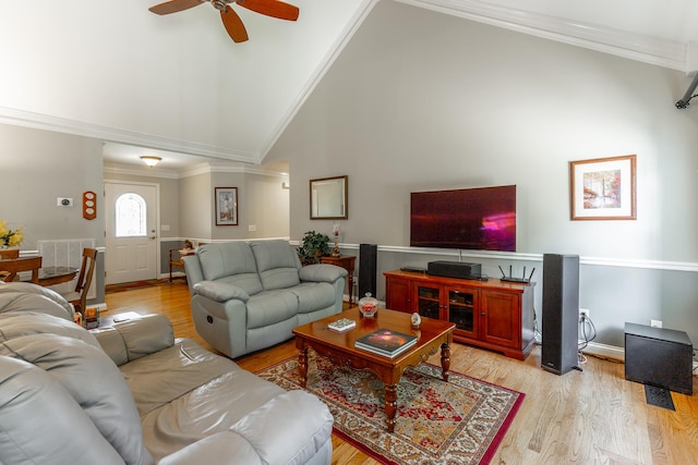 212 Cox Ln, Soddy Daisy, TN 37379 - living area featuring a ceiling fan, light wood-style floors, high vaulted ceiling, and ornamental molding