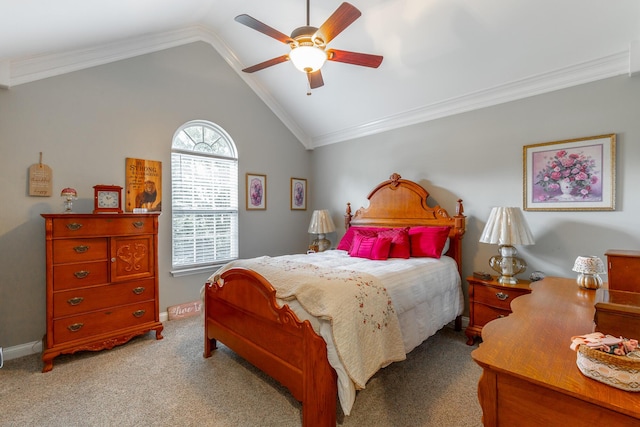 212 Cox Ln, Soddy Daisy, TN 37379 - bedroom with lofted ceiling, carpet, a ceiling fan, and ornamental molding