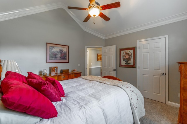 212 Cox Ln, Soddy Daisy, TN 37379 - bedroom with lofted ceiling, carpet flooring, ornamental molding, and ceiling fan