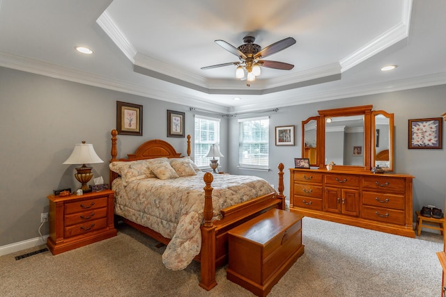 212 Cox Ln, Soddy Daisy, TN 37379 - bedroom with a raised ceiling, ornamental molding, light carpet, recessed lighting, and ceiling fan