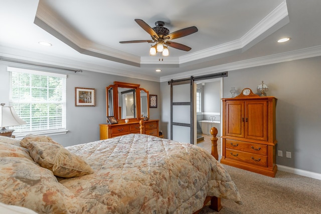 212 Cox Ln, Soddy Daisy, TN 37379 - carpeted bedroom with crown molding, a barn door, a raised ceiling, recessed lighting, and a ceiling fan