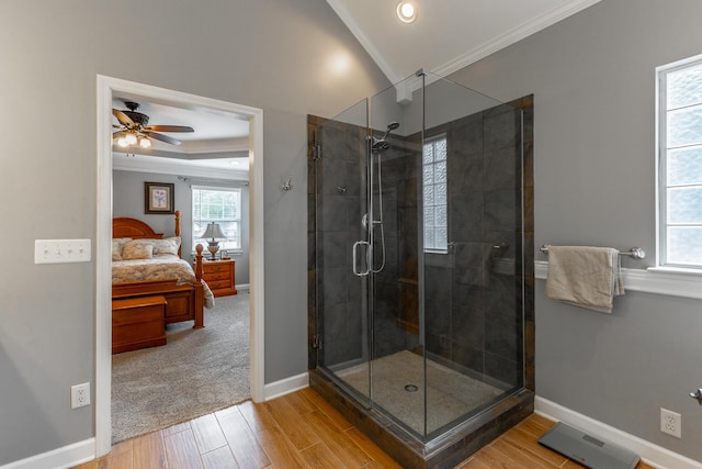 212 Cox Ln, Soddy Daisy, TN 37379 - full bath featuring connected bathroom, crown molding, wood finished floors, a stall shower, and ceiling fan