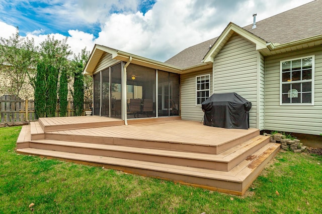 212 Cox Ln, Soddy Daisy, TN 37379 - wooden deck with grilling area and a sunroom