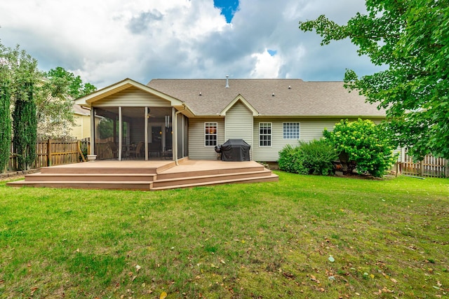 212 Cox Ln, Soddy Daisy, TN 37379 - rear view of property featuring a sunroom, a wooden deck, and a shingled roof