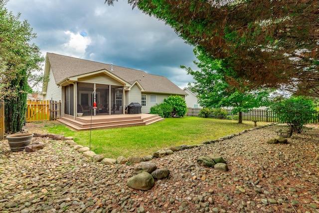 212 Cox Ln, Soddy Daisy, TN 37379 - back of property featuring a sunroom, a fenced backyard, a deck, a gate, and roof with shingles