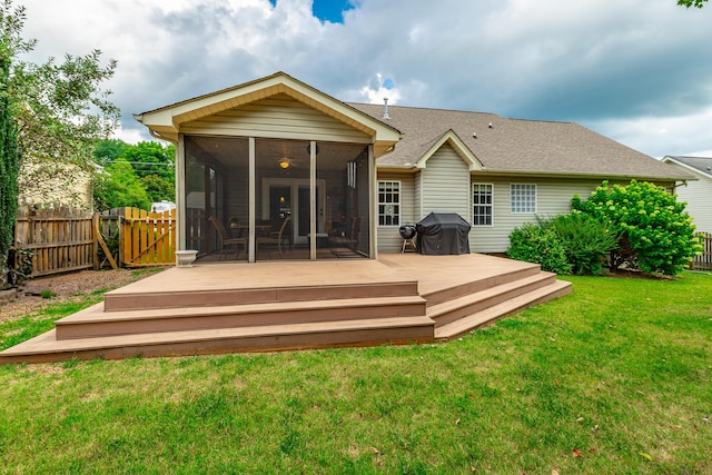 212 Cox Ln, Soddy Daisy, TN 37379 - rear view of house featuring a sunroom, a wooden deck, and roof with shingles
