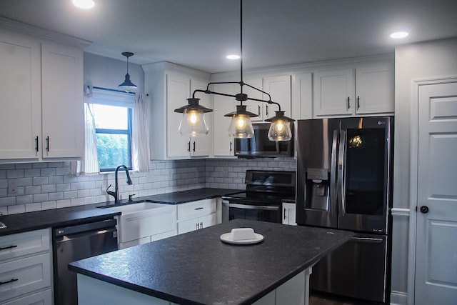 2730 Windthrush Dr, Chattanooga, TN 37421 - kitchen with fridge with ice dispenser, electric range, stainless steel dishwasher, dark countertops, and white cabinetry