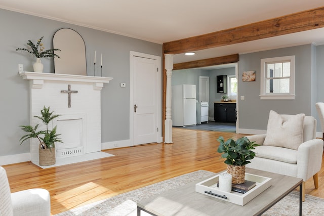 11387 Spring St, Soddy Daisy, TN 37379 - living room with wood finished floors, washer / clothes dryer, ornamental molding, and a fireplace with flush hearth