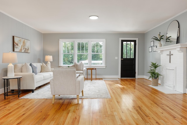 11387 Spring St, Soddy Daisy, TN 37379 - living room with crown molding, light wood-style flooring, and a fireplace