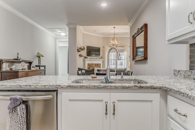 320 Kempton Ln Unit 2, Dalton, GA 30721 - kitchen featuring dishwasher, white cabinetry, a fireplace, light stone counters, and crown molding