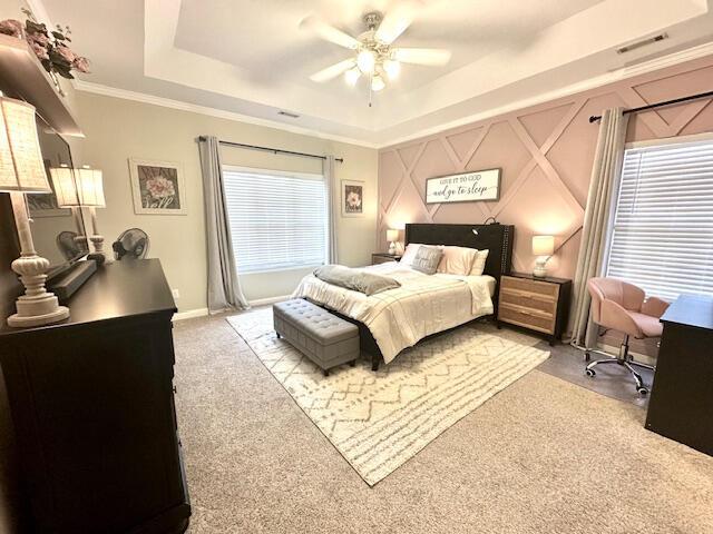 8041 Hamilton Mill Dr, Chattanooga, TN 37421 - bedroom with a raised ceiling, carpet floors, a desk, ornamental molding, and a ceiling fan